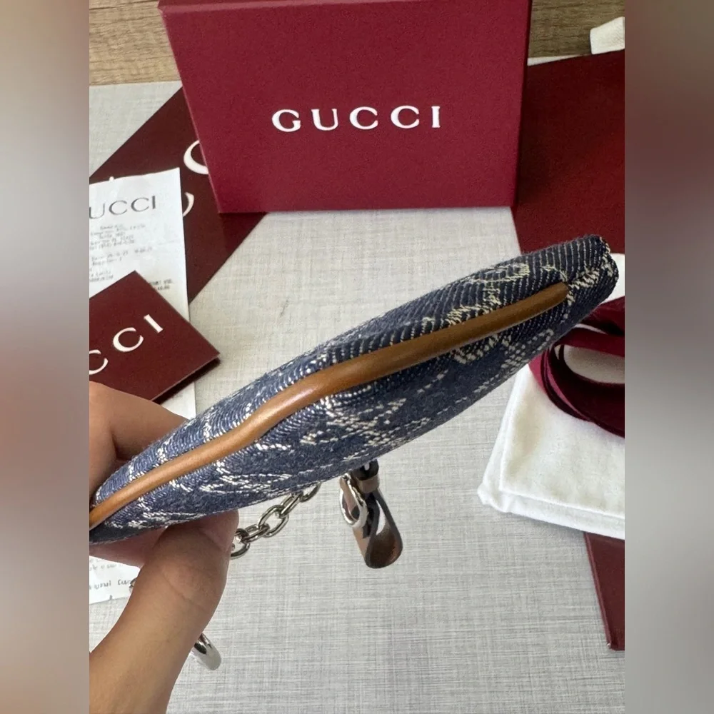 Gucci Blue GG Denim Card Holder with Chain and Wrist Strap